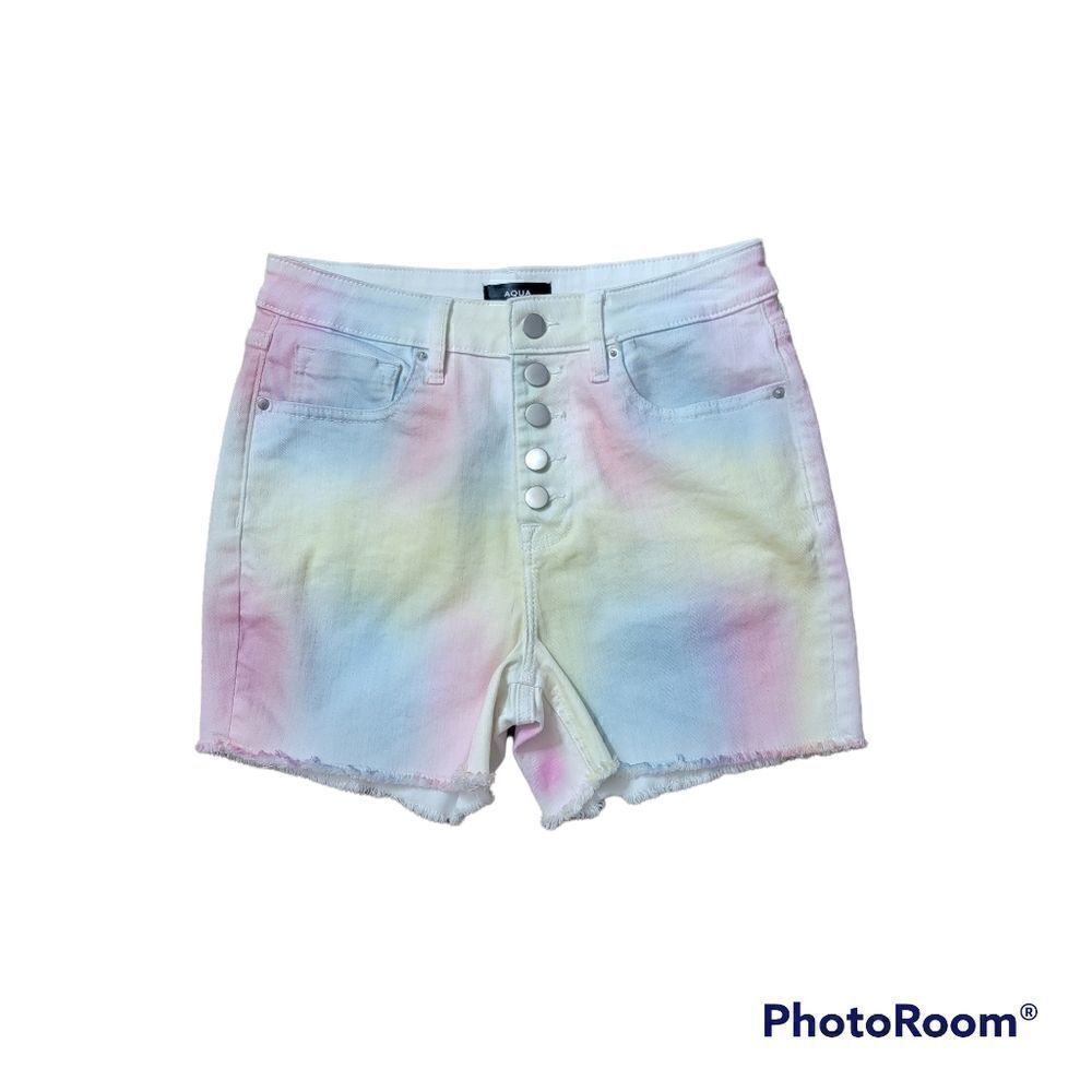 Aqua Tie Dye Button Fly Raw Hem Shorts. Size 27